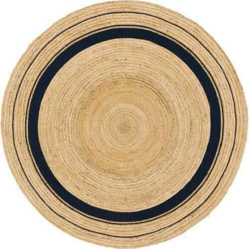 Tapis rond en jute Ripaz naturel avec bordure noire tissé à la main, naturel