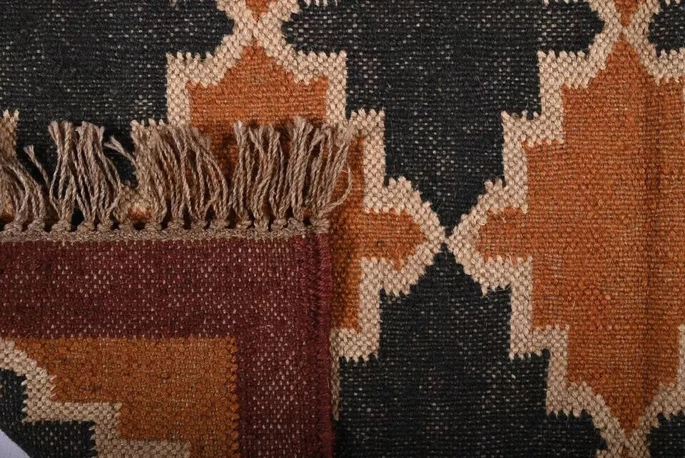 Wool Jute Rug Kilim Traditional Rustic Look Dhurrie Living Room Bedroom Carpet (KLM-79)