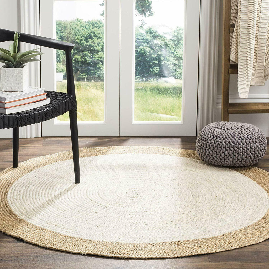 Ripaz Vogue - Tapis rond en jute tressé à la main aspect rustique blanc avec bordure beige 