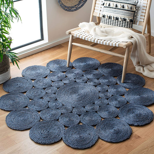 Jute Rug Round Circle Design Braided Jute Area Rug, Blue