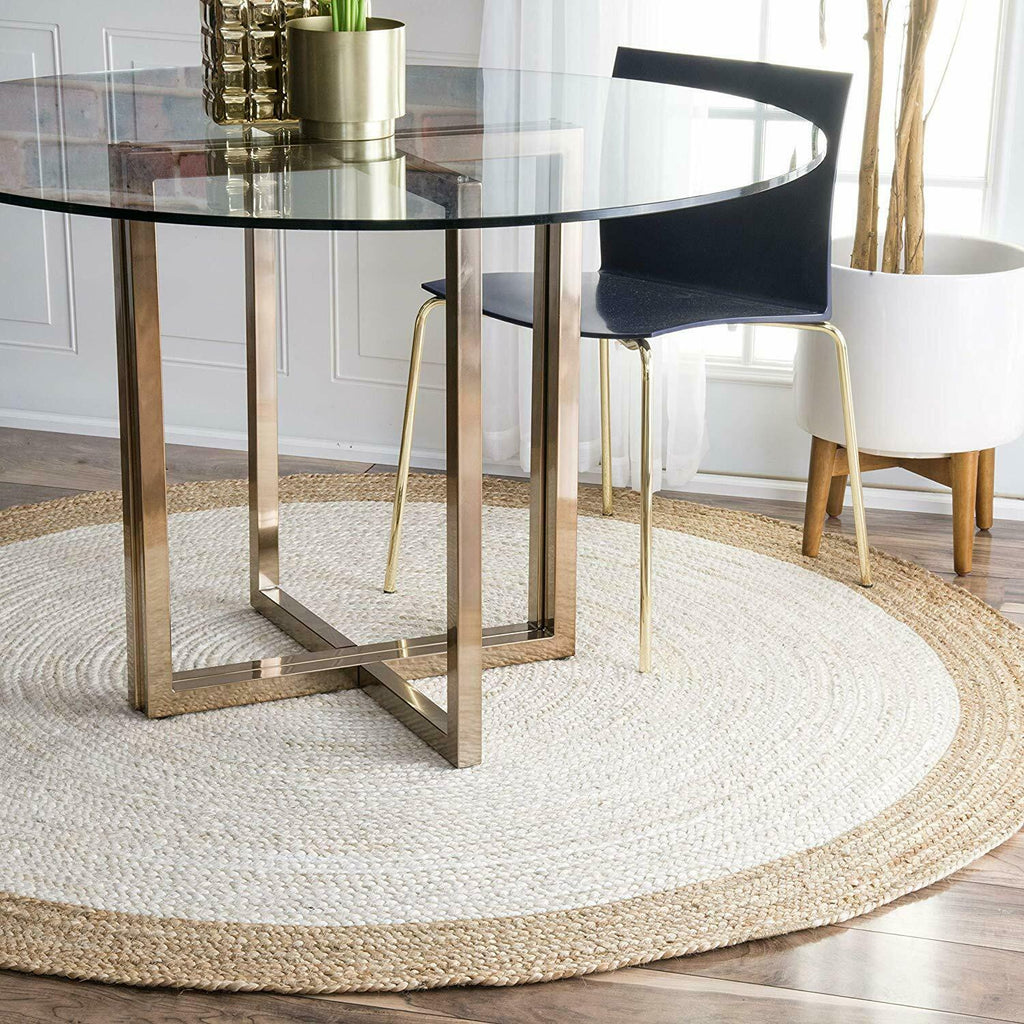 Ripaz Vogue - Tapis rond en jute tressé à la main aspect rustique blanc avec bordure beige 