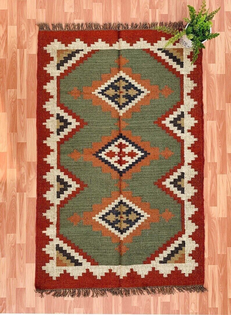 Wool Jute Rug Kilim Traditional Rustic Look Dhurrie Living Room Bedroom Carpet (KLM-16)