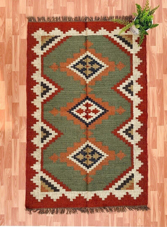 Wool Jute Rug Kilim Traditional Rustic Look Dhurrie Living Room Bedroom Carpet (KLM-16)