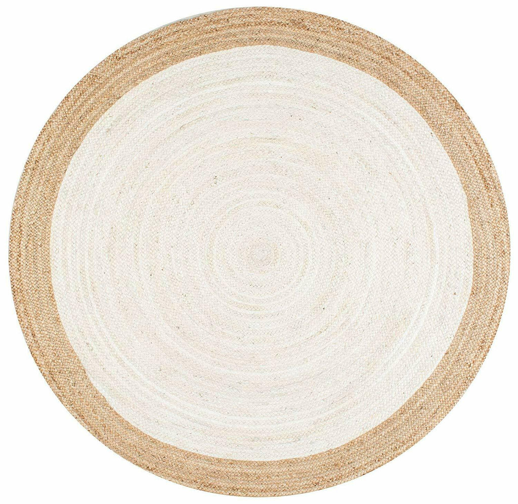 Ripaz Vogue - Tapis rond en jute tressé à la main aspect rustique blanc avec bordure beige 