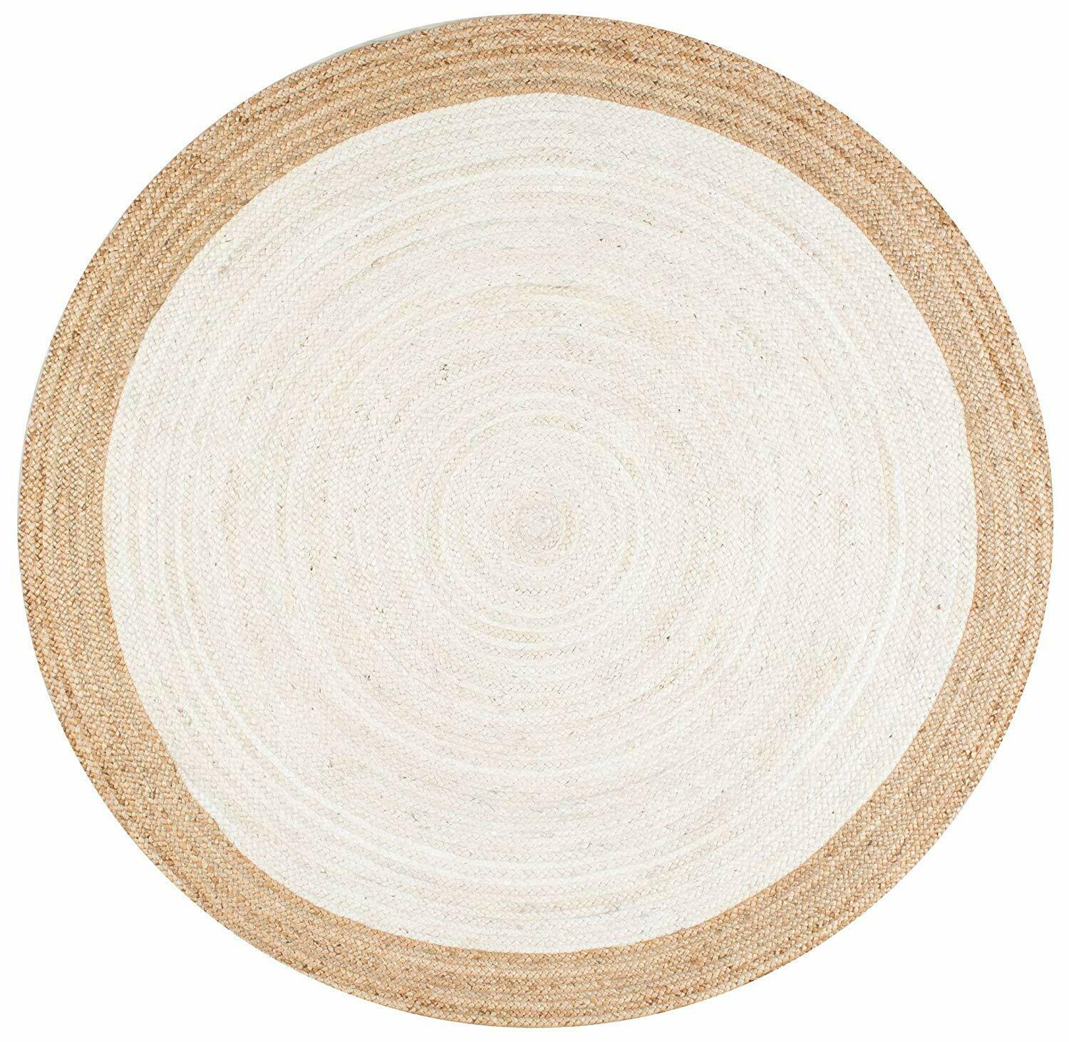 Ripaz Vogue - Tapis rond en jute tressé à la main aspect rustique blanc avec bordure beige 