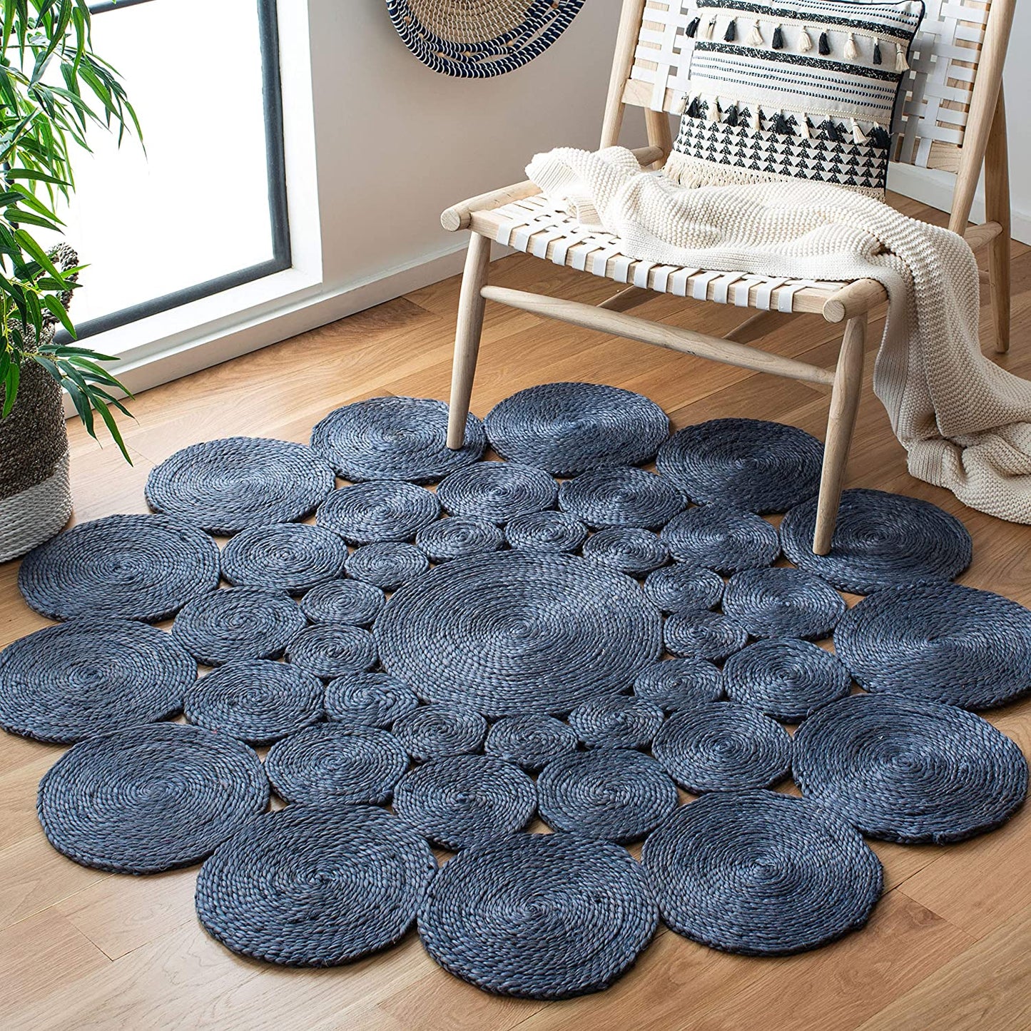 Jute Rug Round Circle Design Braided Jute Area Rug, Blue
