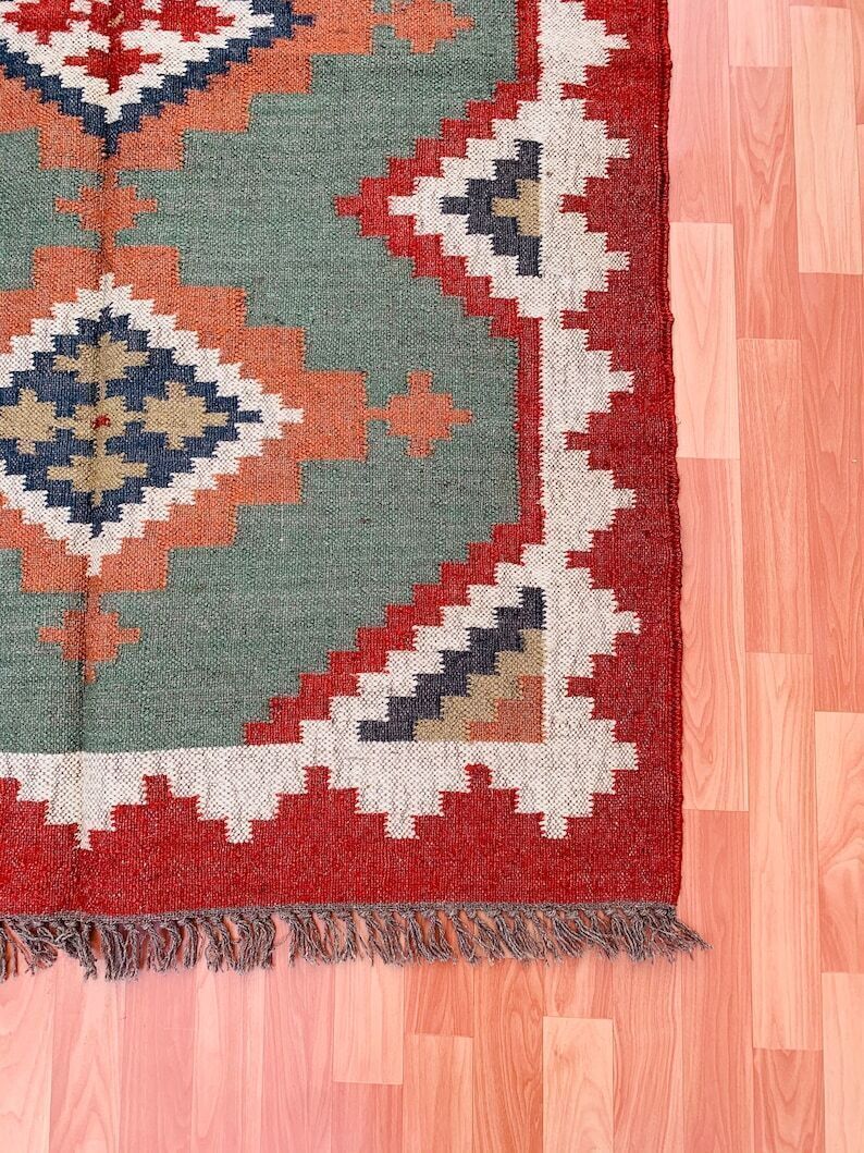 Wool Jute Rug Kilim Traditional Rustic Look Dhurrie Living Room Bedroom Carpet (KLM-16)