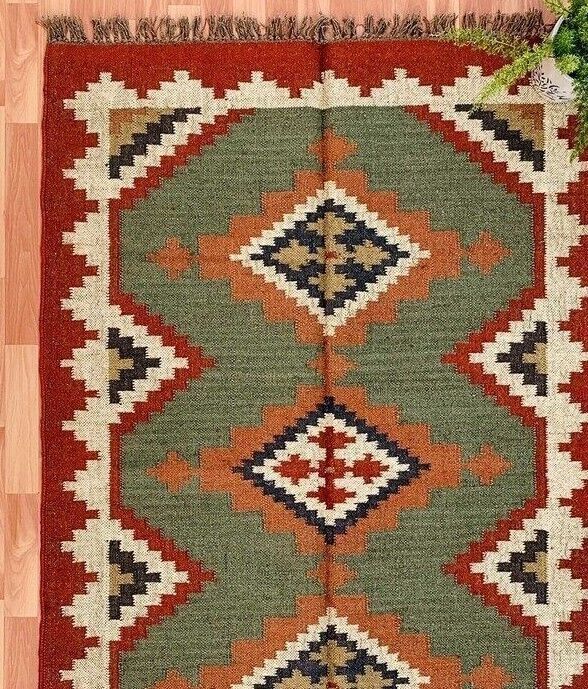 Wool Jute Rug Kilim Traditional Rustic Look Dhurrie Living Room Bedroom Carpet (KLM-16)
