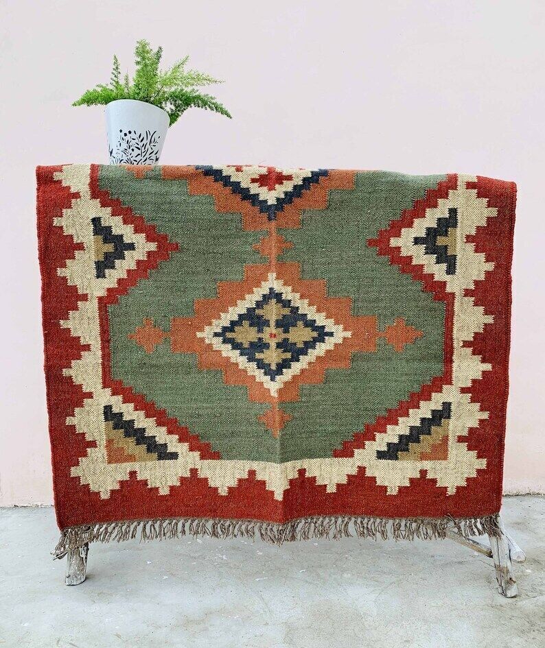 Wool Jute Rug Kilim Traditional Rustic Look Dhurrie Living Room Bedroom Carpet (KLM-16)