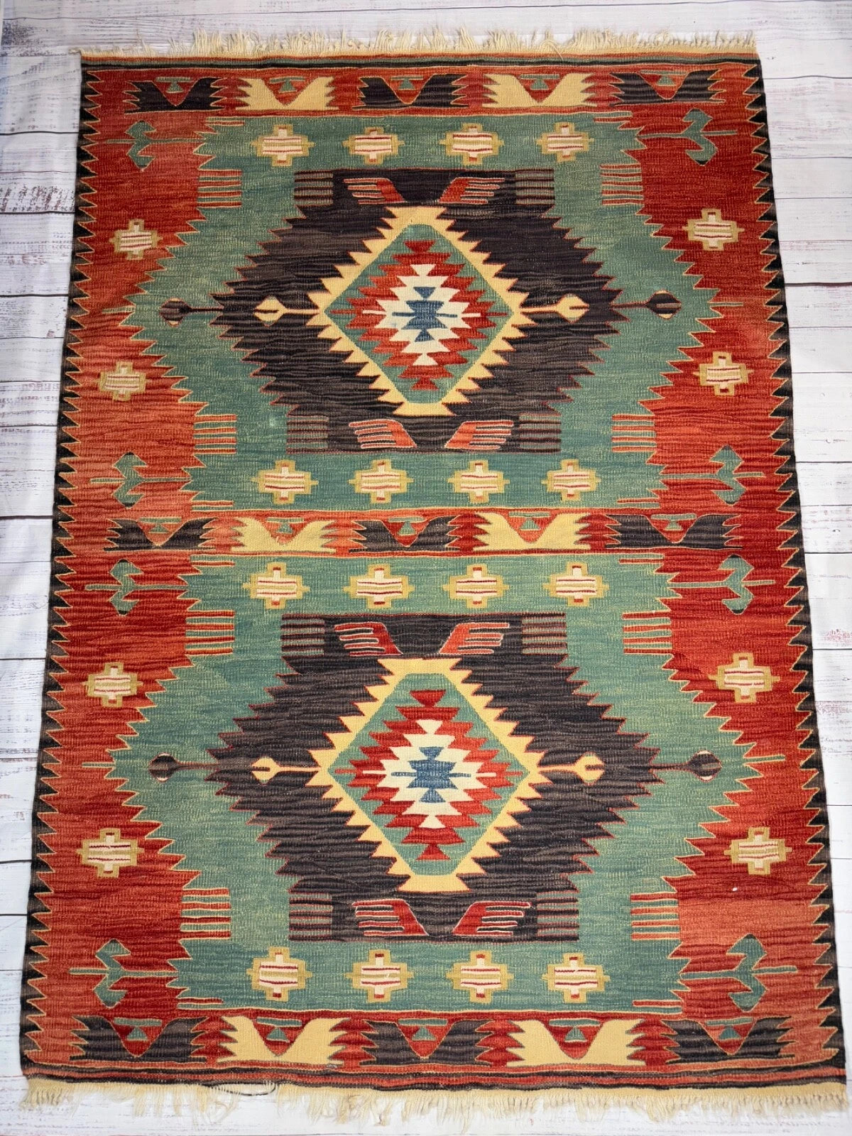 Wool Jute Rug Kilim Traditional Rustic Look Dhurrie Living Room Bedroom Carpet (KLM-74)