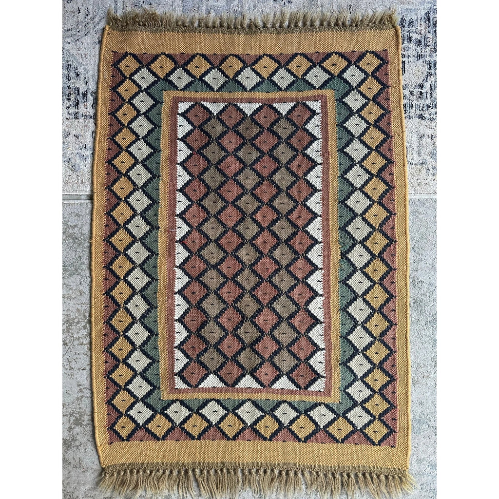Wool Jute Rug Kilim Traditional Rustic Look Dhurrie Living Room Bedroom Carpet (KLM-73)