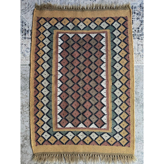 Wool Jute Rug Kilim Traditional Rustic Look Dhurrie Living Room Bedroom Carpet (KLM-73)