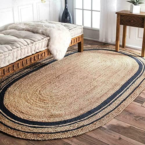 Ripaz Vogue Jute Rug Natural Jute Hand Braided Oval Shape Area Rug Hallway Rug Living Room Rug, Color - Beige + White Line