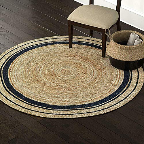 Tapis rond en jute Ripaz naturel avec bordure noire tissé à la main, naturel