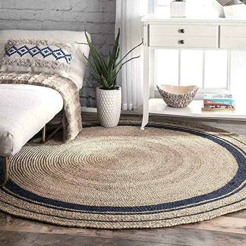 Tapis rond en jute Ripaz naturel avec bordure noire tissé à la main, naturel