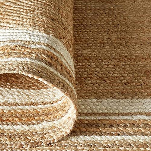 Ripaz Vogue Jute Rug Natural Jute Hand Braided Oval Shape Area Rug Hallway Rug Living Room Rug, Color - Beige + White Line