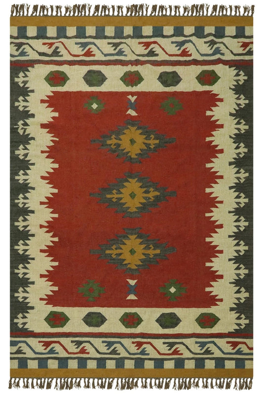 Wool Jute Rug Kilim Traditional Rustic Look Dhurrie Living Room Bedroom Carpet (KLM-70)