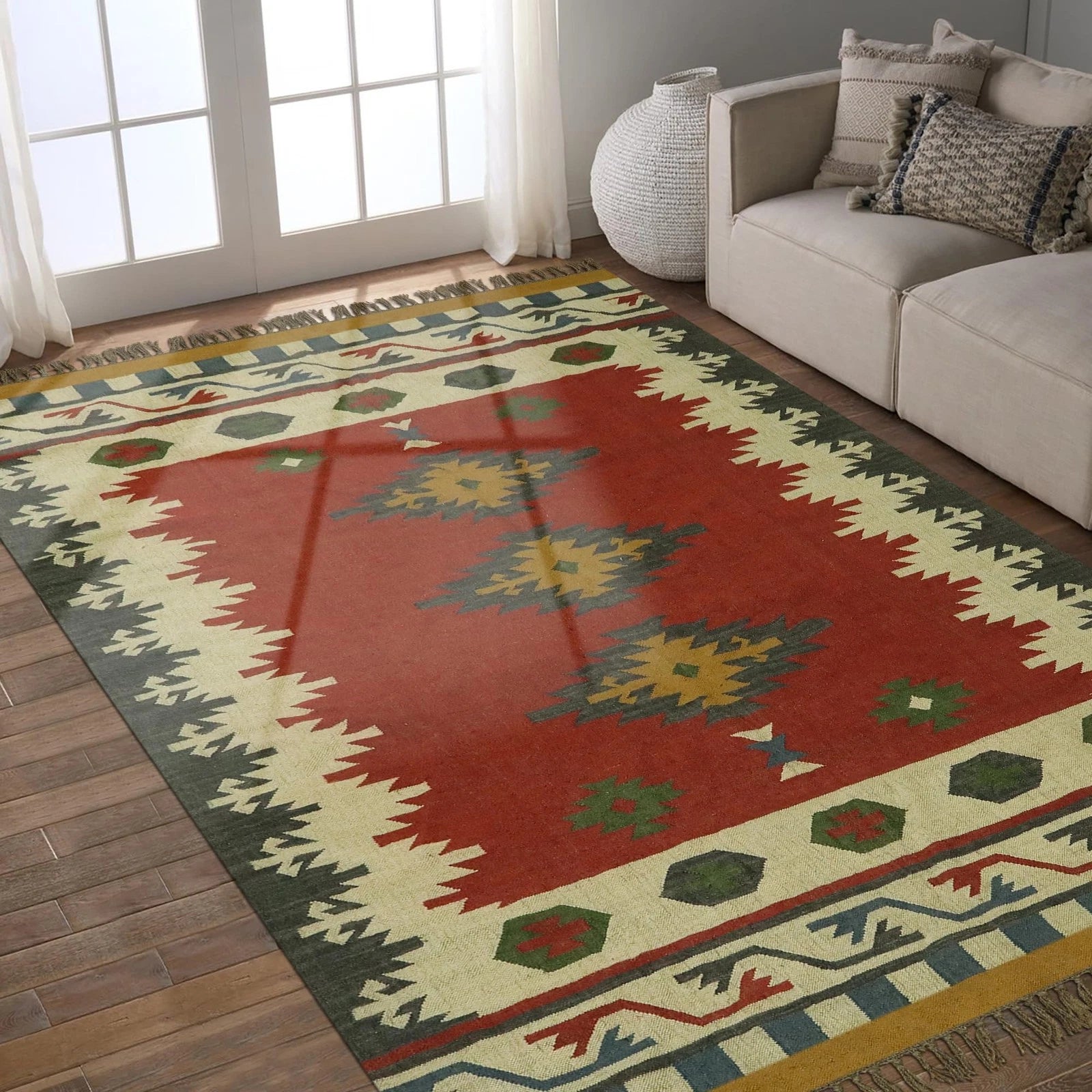 Wool Jute Rug Kilim Traditional Rustic Look Dhurrie Living Room Bedroom Carpet (KLM-70)