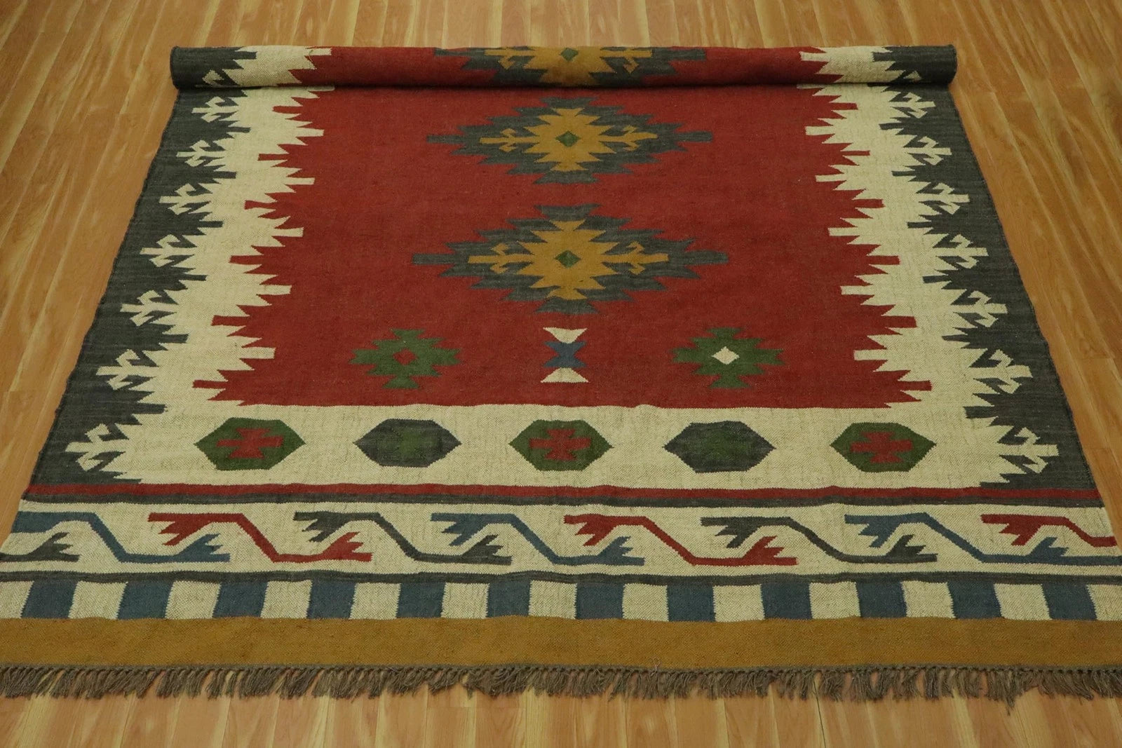 Wool Jute Rug Kilim Traditional Rustic Look Dhurrie Living Room Bedroom Carpet (KLM-70)