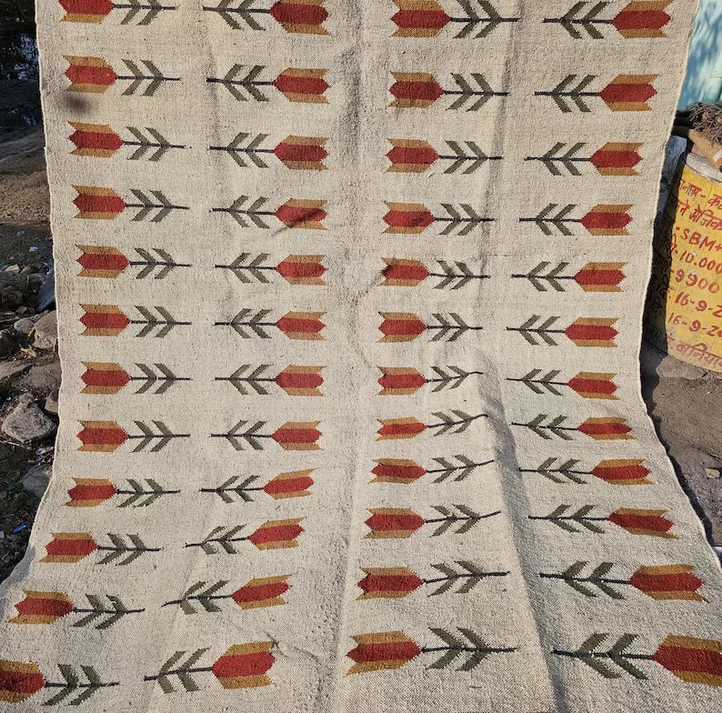 Wool Jute Rug Kilim Traditional Rustic Look Dhurrie Living Room Bedroom Carpet (KLM-68)