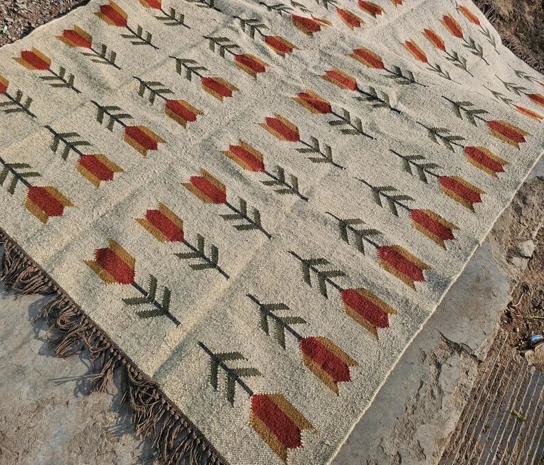 Wool Jute Rug Kilim Traditional Rustic Look Dhurrie Living Room Bedroom Carpet (KLM-68)