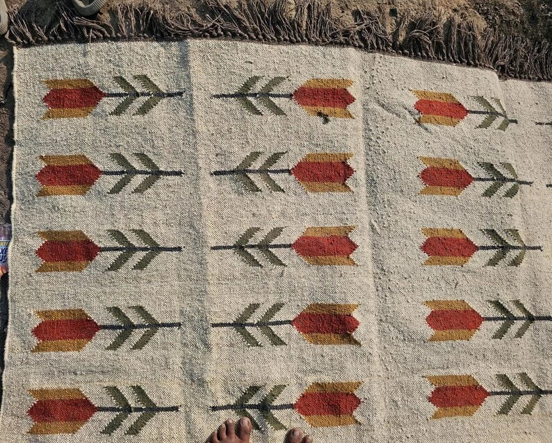 Wool Jute Rug Kilim Traditional Rustic Look Dhurrie Living Room Bedroom Carpet (KLM-68)