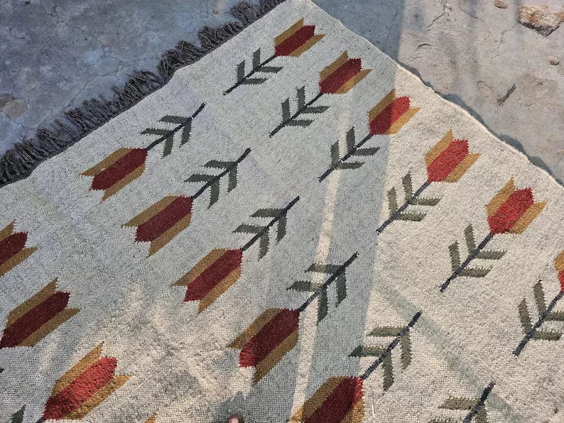 Wool Jute Rug Kilim Traditional Rustic Look Dhurrie Living Room Bedroom Carpet (KLM-68)