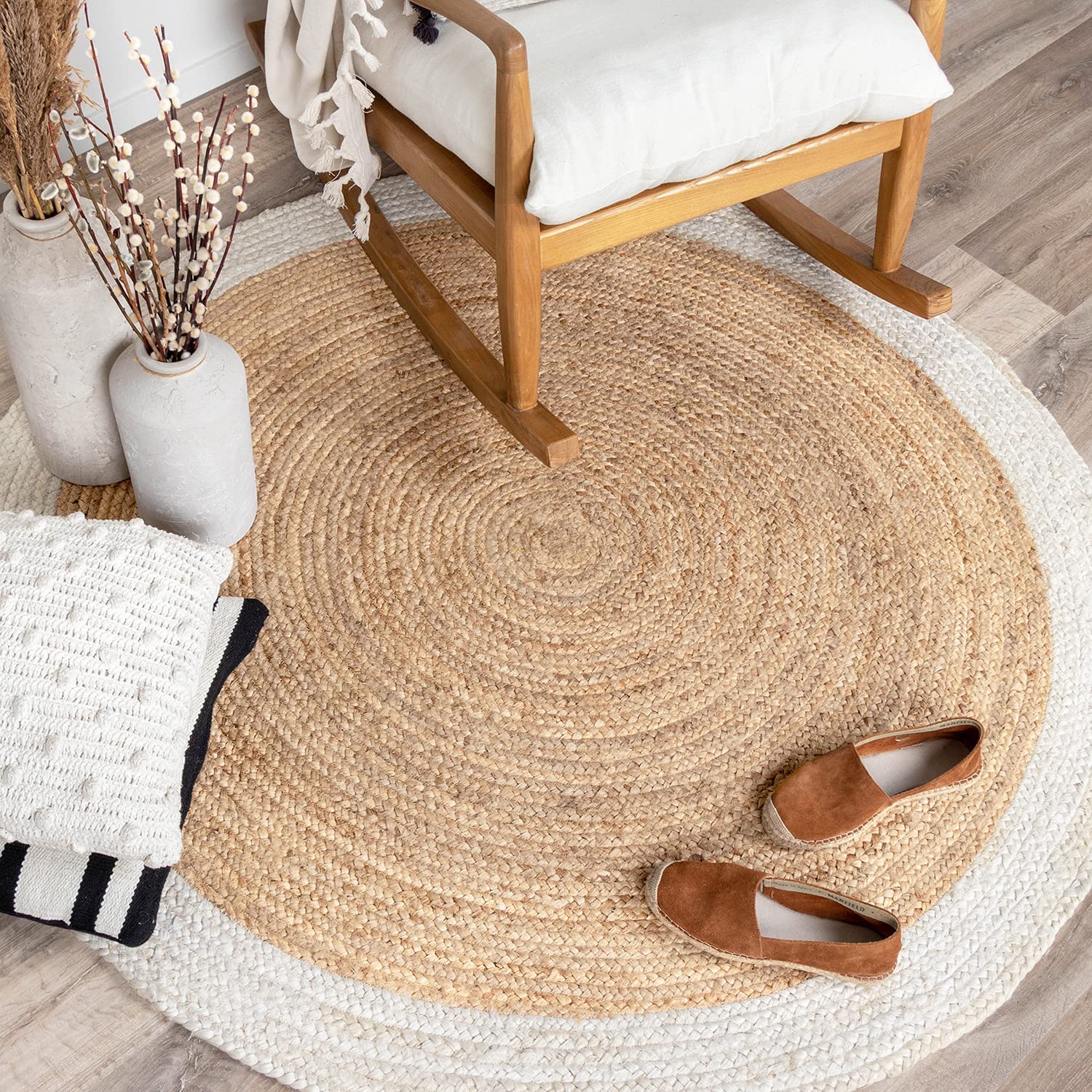 Ripaz Vogue - Tapis rond en jute tressé à la main aspect rustique beige avec bordure blanche 