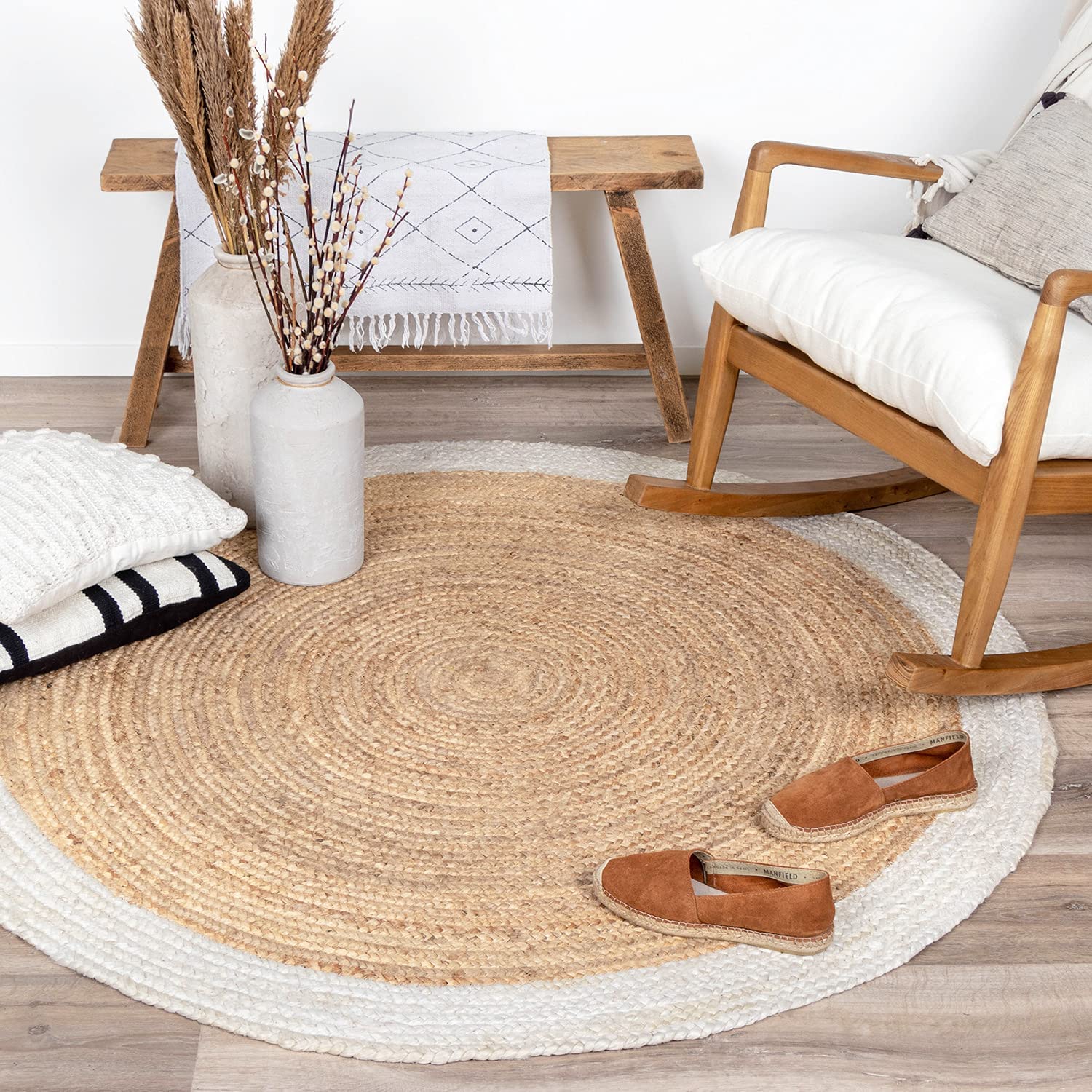 Ripaz Vogue - Tapis rond en jute tressé à la main aspect rustique beige avec bordure blanche 