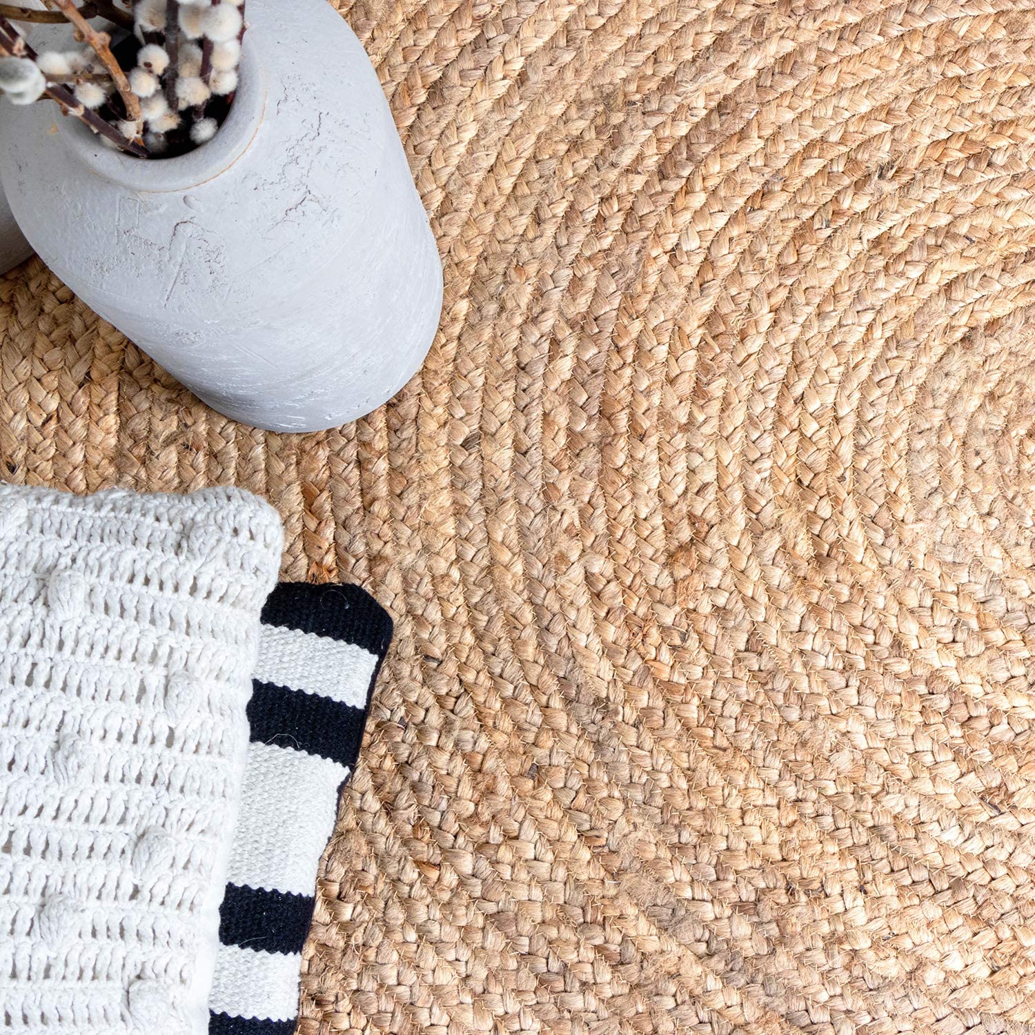 Ripaz Vogue - Tapis rond en jute tressé à la main aspect rustique beige avec bordure blanche 