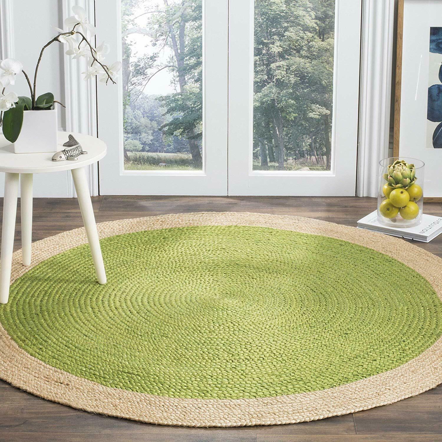 Ripaz Vogue - Tapis rond en jute tressé à la main - Paillasson de ferme en jute vert avec bordure beige 
