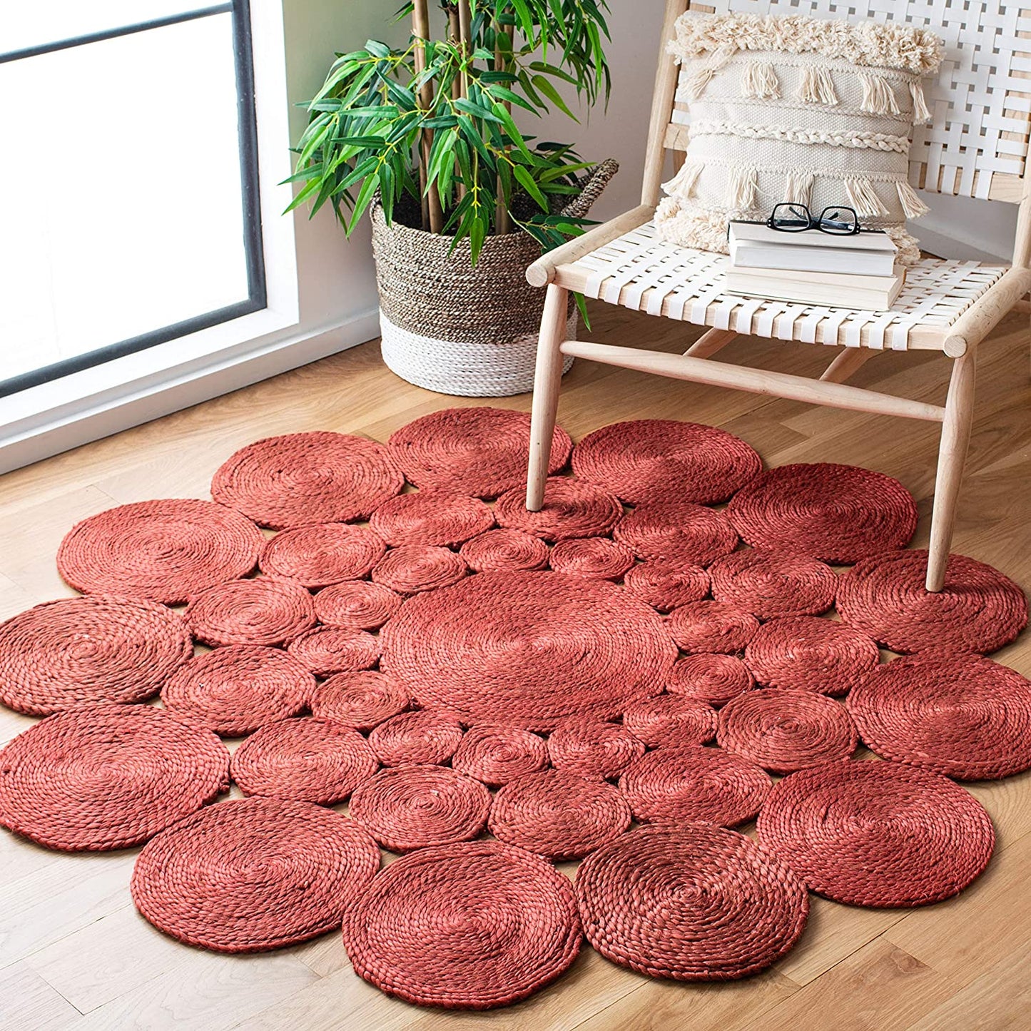 Jute Rug Round Circle Design Braided Jute Area Rug, Red