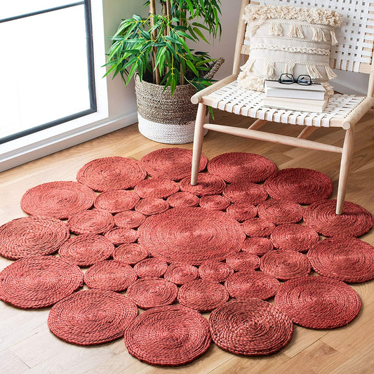 Jute Rug Round Circle Design Braided Jute Area Rug, Red