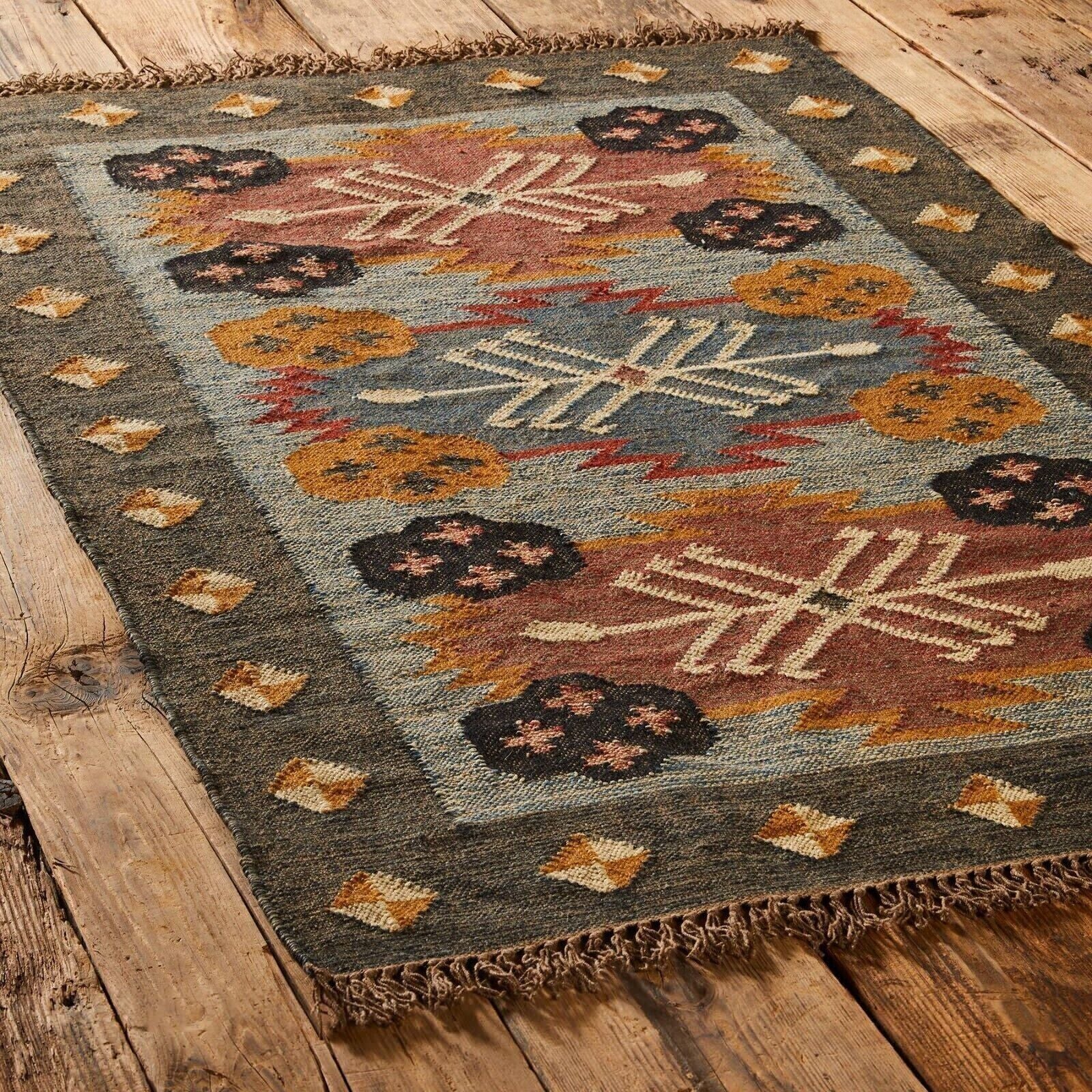 Wool Jute Rug Kilim Traditional Rustic Look Dhurrie Living Room Bedroom Carpet (KLM-46)