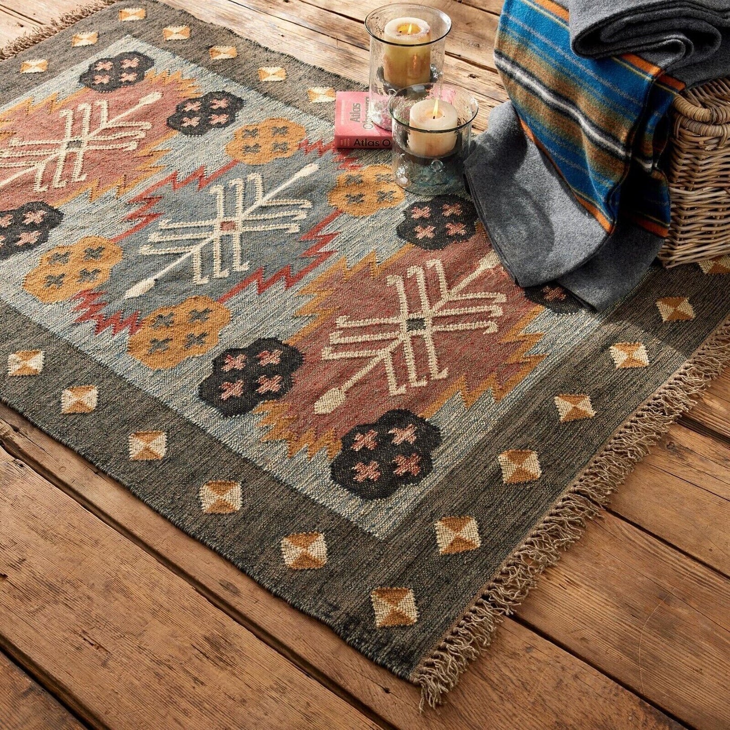 Wool Jute Rug Kilim Traditional Rustic Look Dhurrie Living Room Bedroom Carpet (KLM-46)