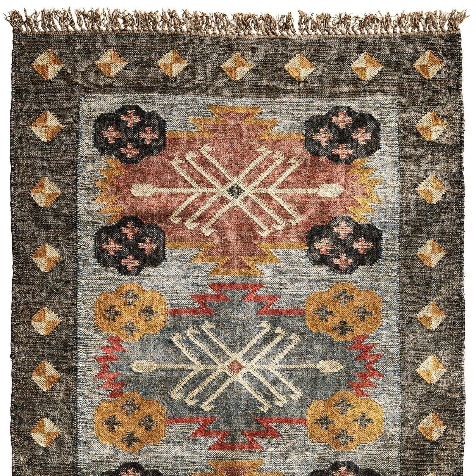 Wool Jute Rug Kilim Traditional Rustic Look Dhurrie Living Room Bedroom Carpet (KLM-46)