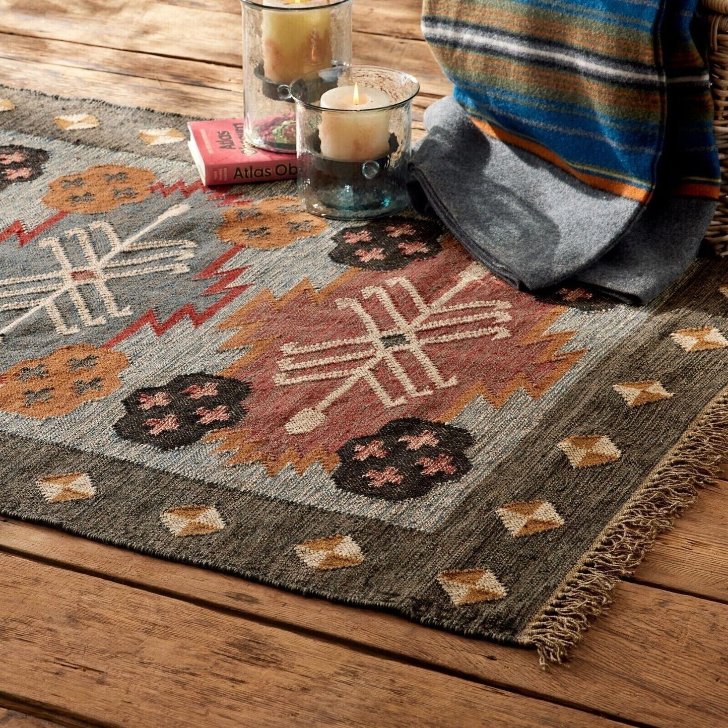 Wool Jute Rug Kilim Traditional Rustic Look Dhurrie Living Room Bedroom Carpet (KLM-46)