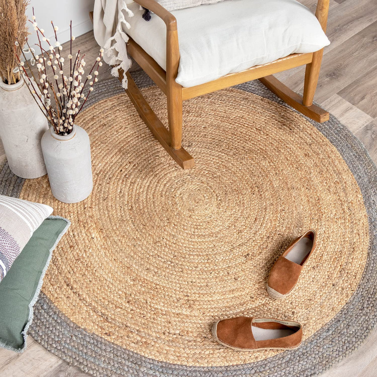 Ripaz Vogue - Runder Teppich aus Jute, Schwarz mit beigem Rand, handgefertigt 