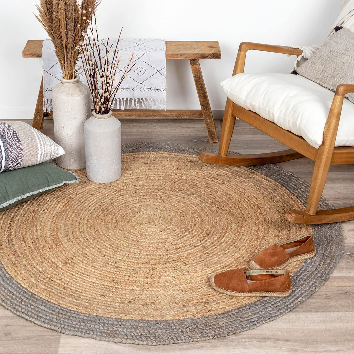 Ripaz Vogue - Runder Teppich aus Jute, Schwarz mit beigem Rand, handgefertigt 
