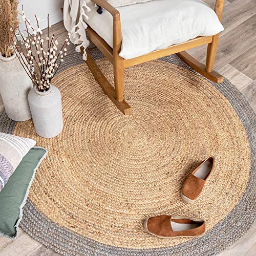 Ripaz Vogue - Runder Teppich aus Jute, Schwarz mit beigem Rand, handgefertigt 