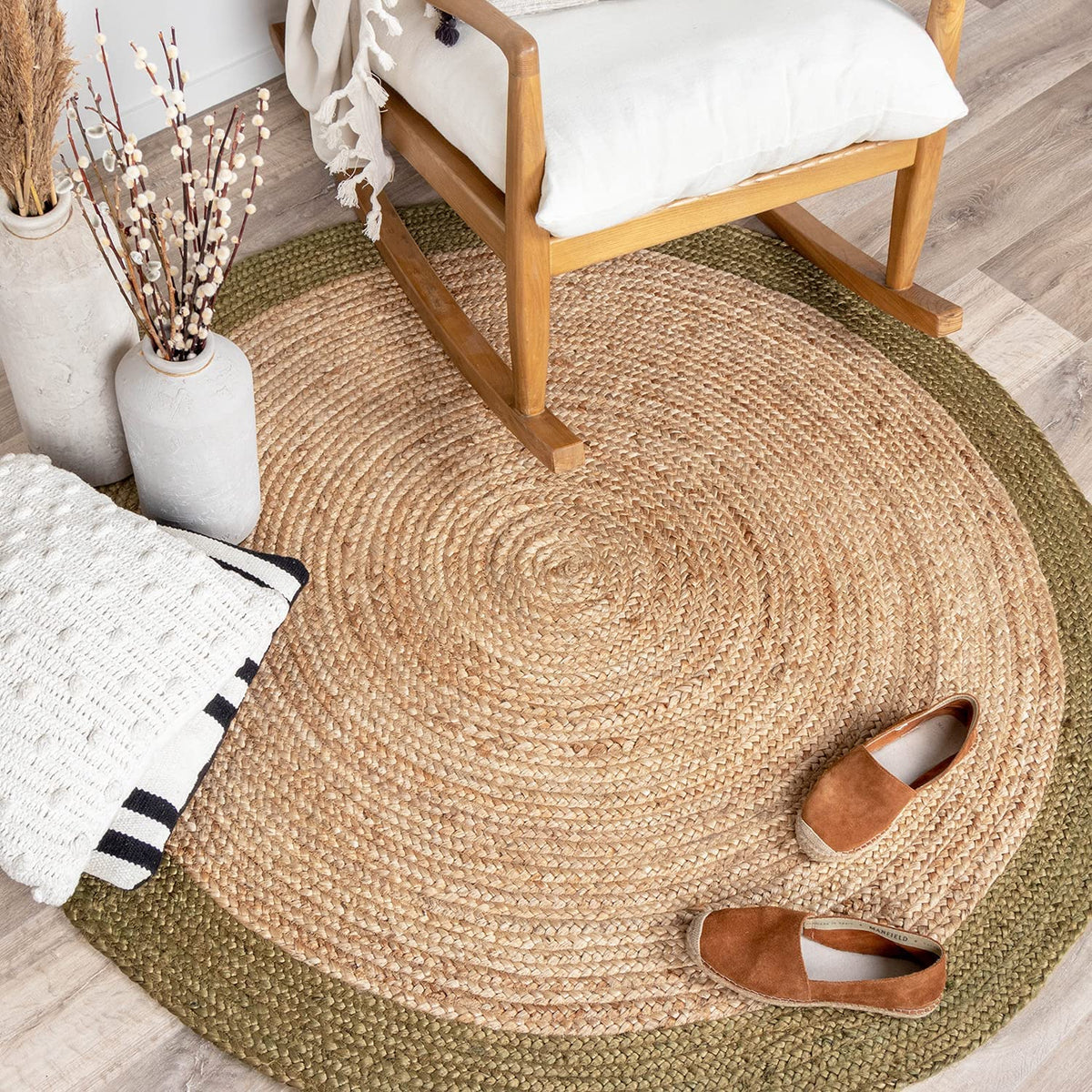 Ripaz Vogue - Runder Teppich aus Jute, Schwarz mit beigem Rand, handgefertigt 