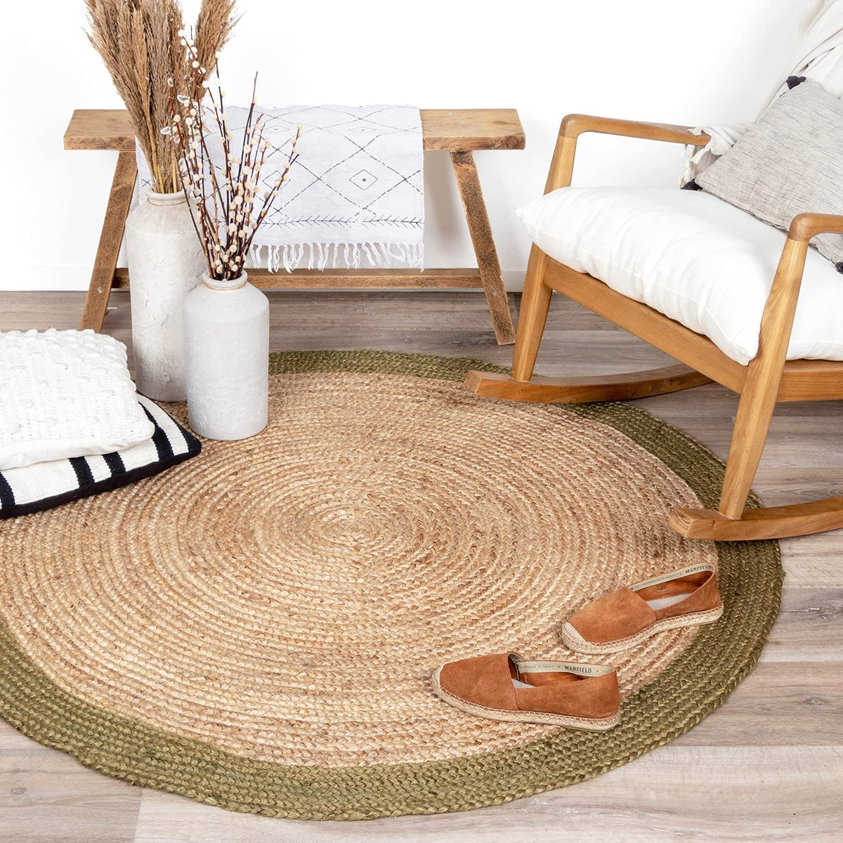 Ripaz Vogue - Runder Teppich aus Jute, Schwarz mit beigem Rand, handgefertigt 