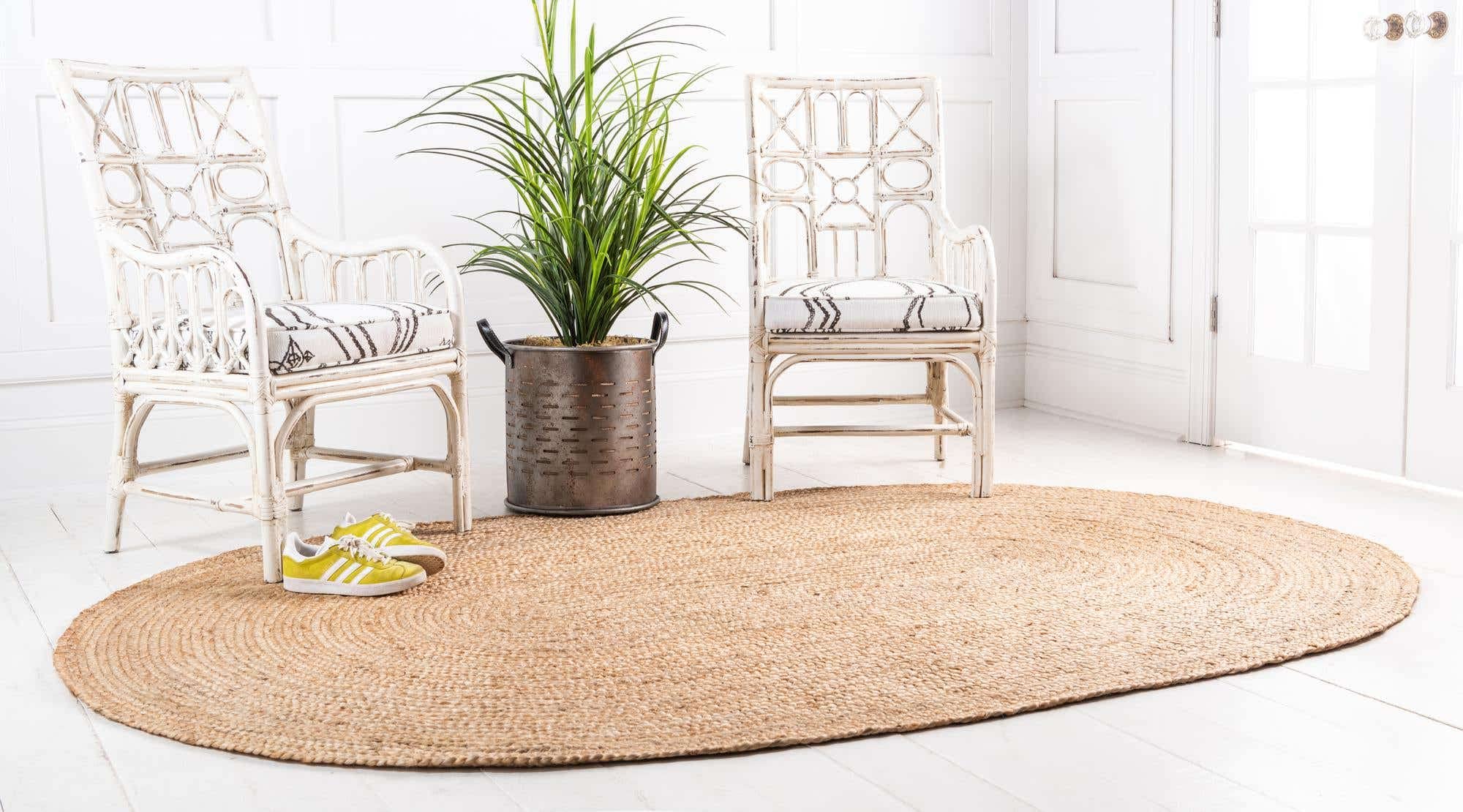 Ripaz Vogue Jute Rug Natural Jute Hand Braided Oval Shape Area Rug Hallway Rug Living Room Rug, Color - Beige + White Line