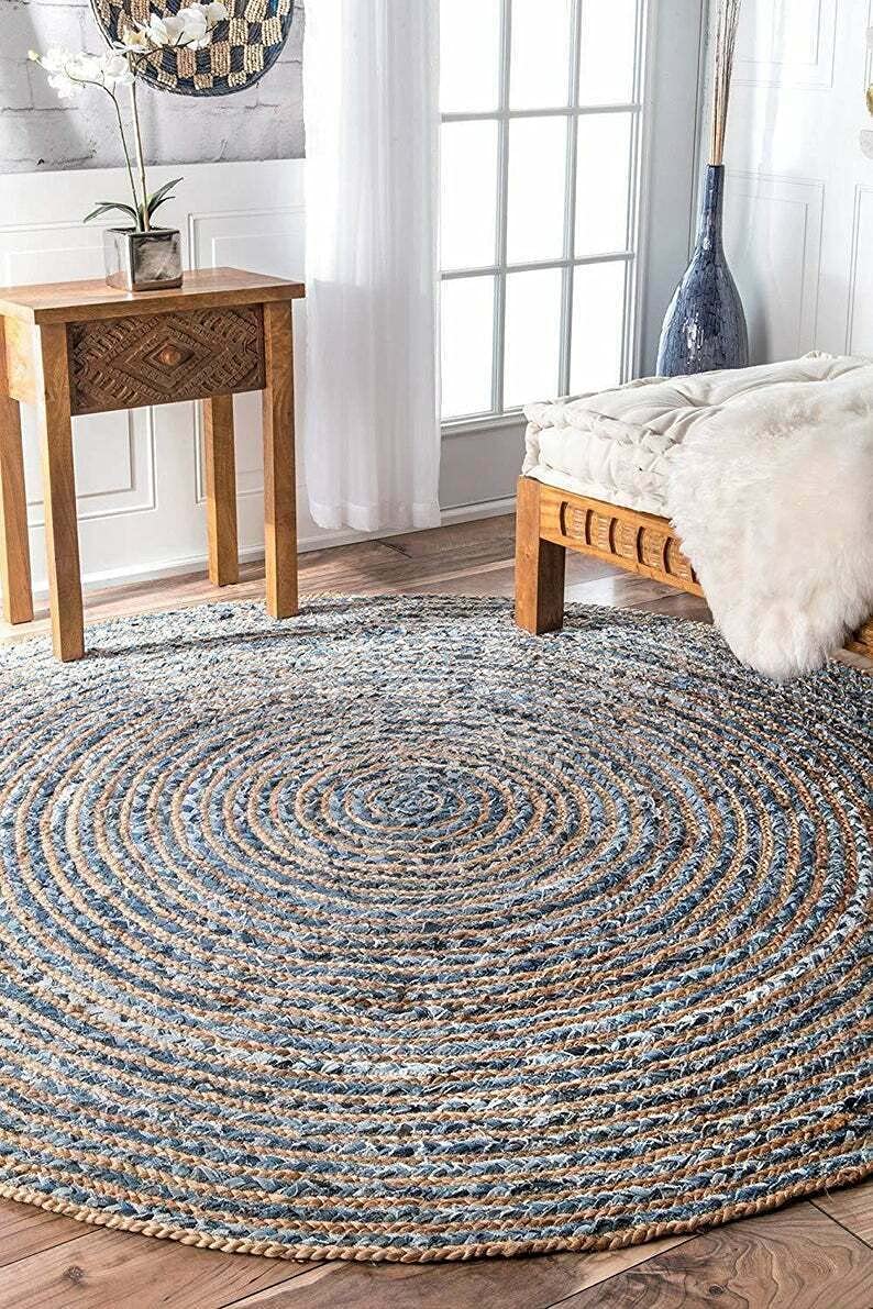 Ripaz Vogue - Tapis rond en jute denim tressé à la main, aspect rustique, pour le salon