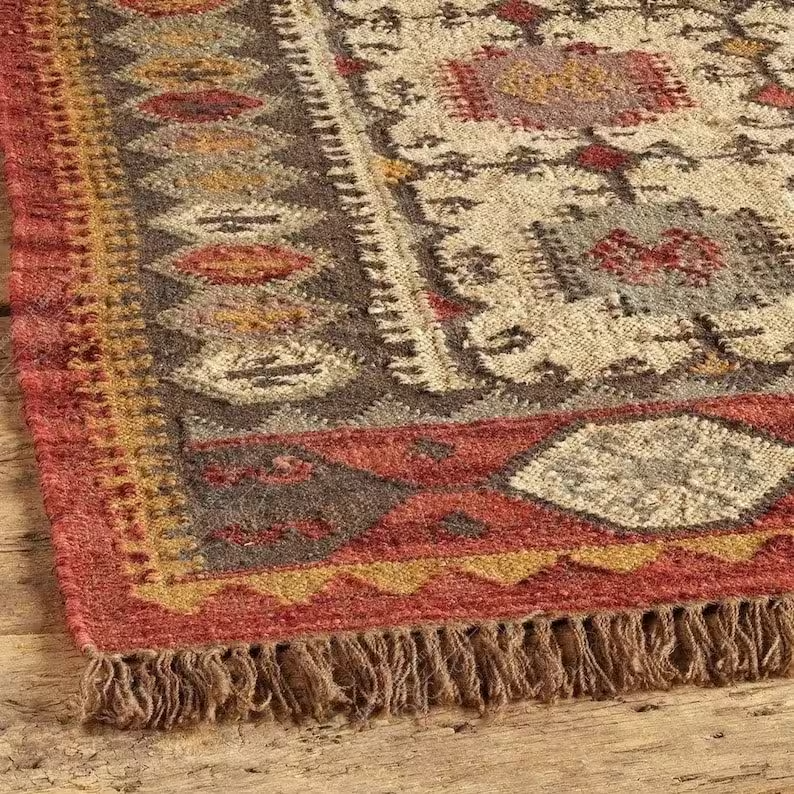 Wool Jute Rug Kilim Traditional Rustic Look Dhurrie Living Room Bedroom Carpet (KLM-18)