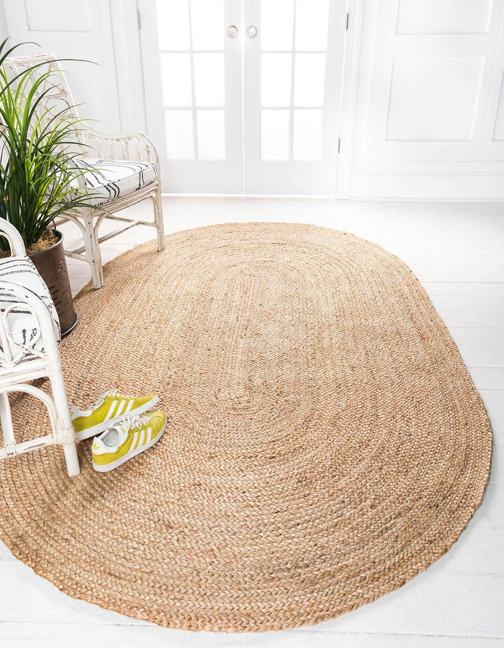 Tapis en jute Ripaz Vogue Tapis en jute naturel tressé à la main de forme ovale Tapis de couloir Tapis de salon, Couleur - Beige + Ligne blanche