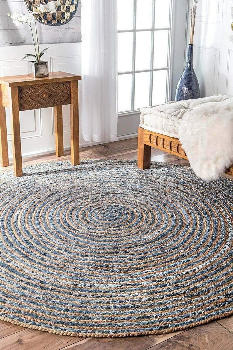 Ripaz Vogue - Tapis rond en jute denim tressé à la main, aspect rustique, pour le salon