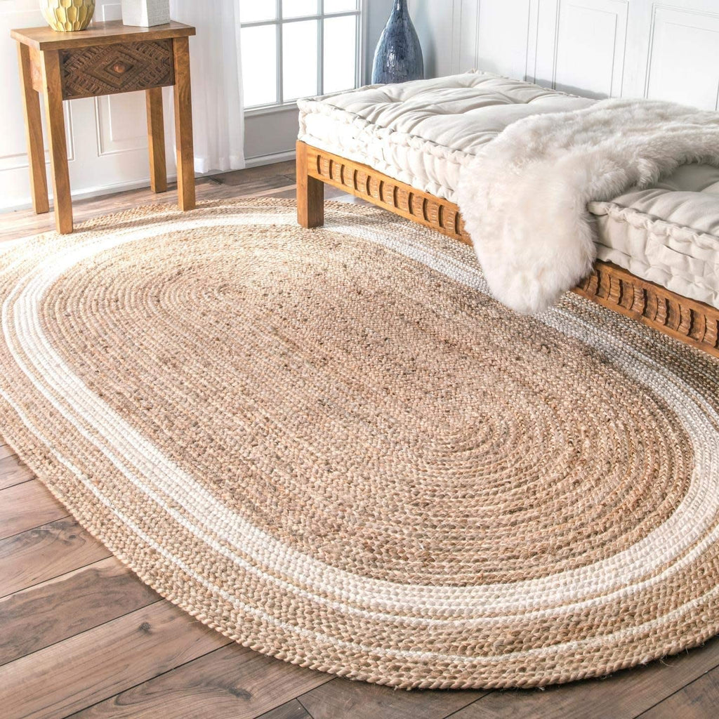 Tapis en jute Ripaz Vogue Tapis en jute naturel tressé à la main de forme ovale Tapis de couloir Tapis de salon, Couleur - Beige + Ligne blanche