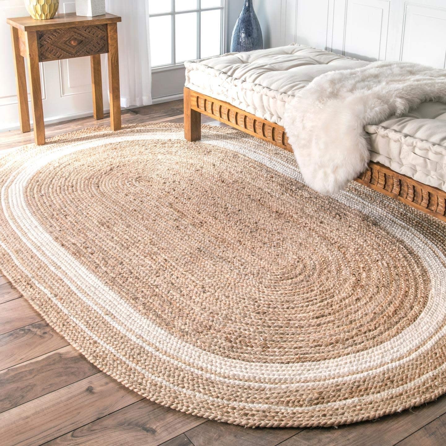 Ripaz Vogue Jute Rug Natural Jute Hand Braided Oval Shape Area Rug Hallway Rug Living Room Rug, Color - Beige + White Line