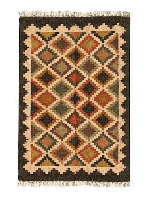 Wool Jute Rug Kilim Traditional Rustic Look Dhurrie Living Room Bedroom Carpet (KLM-48)